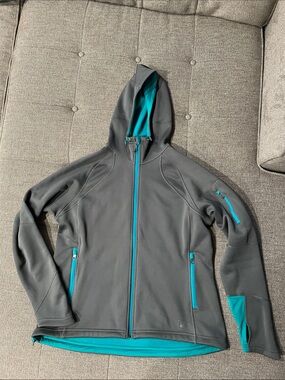 REI - Grey Hooded Softshell Jacket with Teal Trim